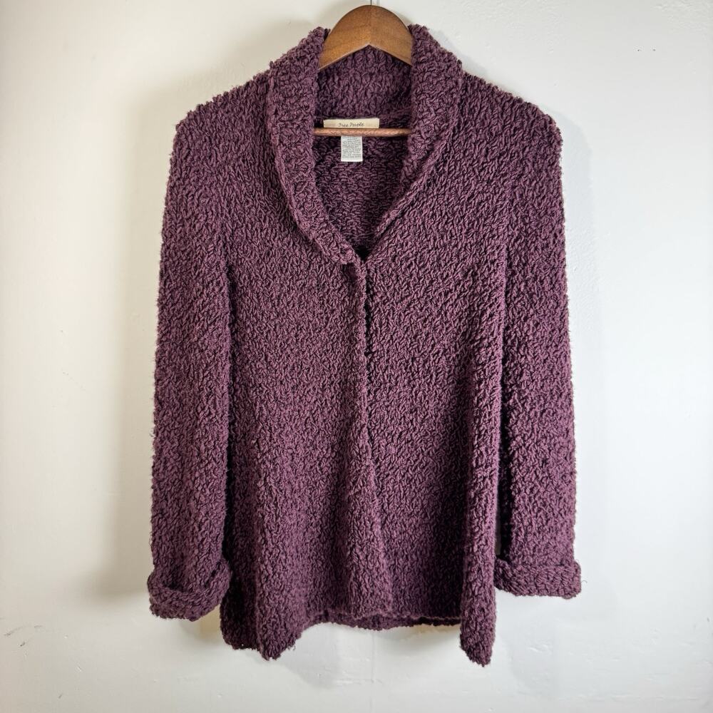 FREE PEOPLE Sweater Jacket M Purple Boucle Knit Shawl Collar‎ Cozy Button Front